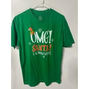 OMG Santa I Know Him Christmas Graphic Tee Green Funny Holiday Shirt – Size L